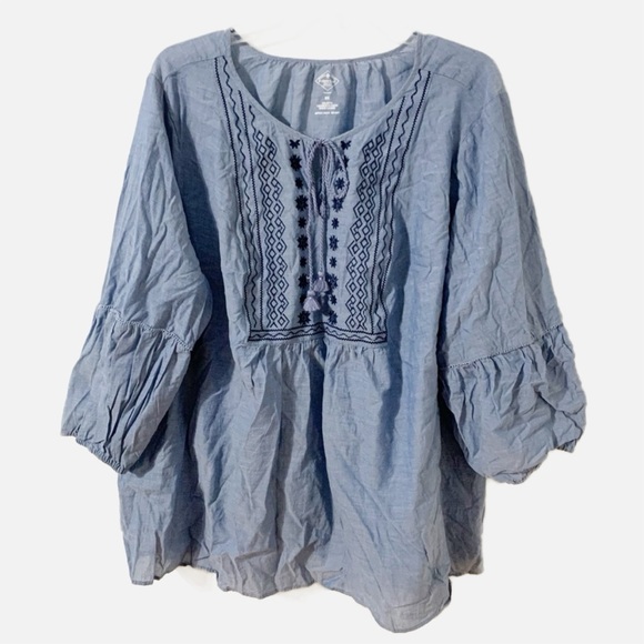 St Johns Bay Chambray Embroidered Boho Pheasant Blouse Tassels Long Bell Sleeves - Picture 1 of 11